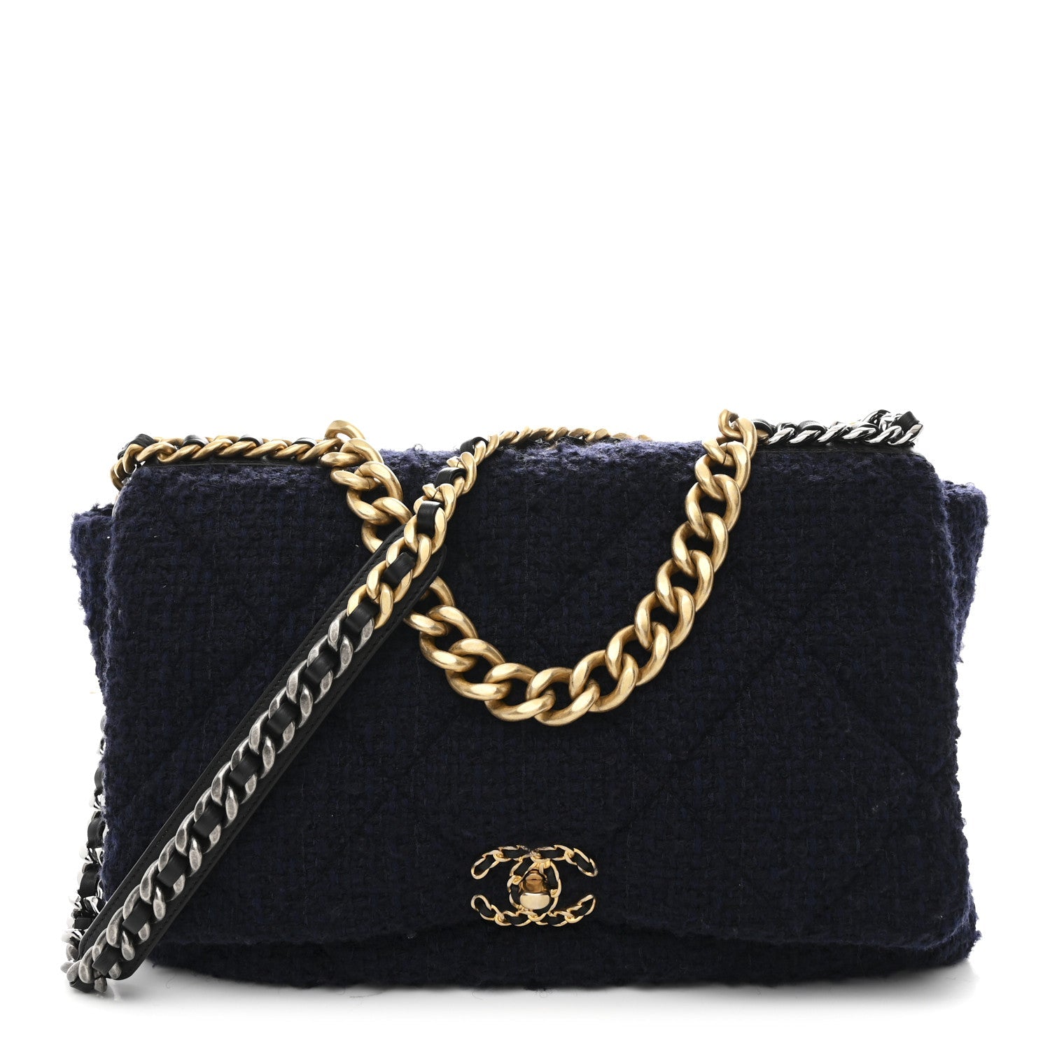 Chanel Tweed Quilted Maxi Chanel 19 Flap Navy