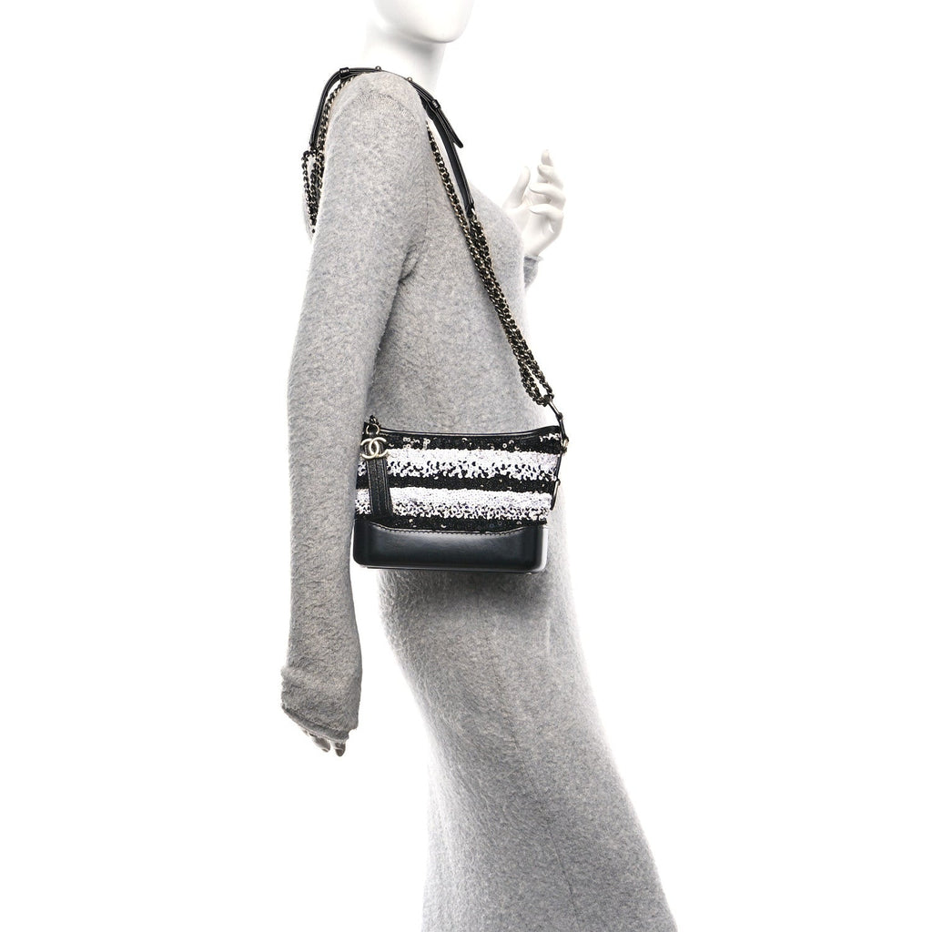 Chanel Sequin Calfskin Small Gabrielle Hobo Black White