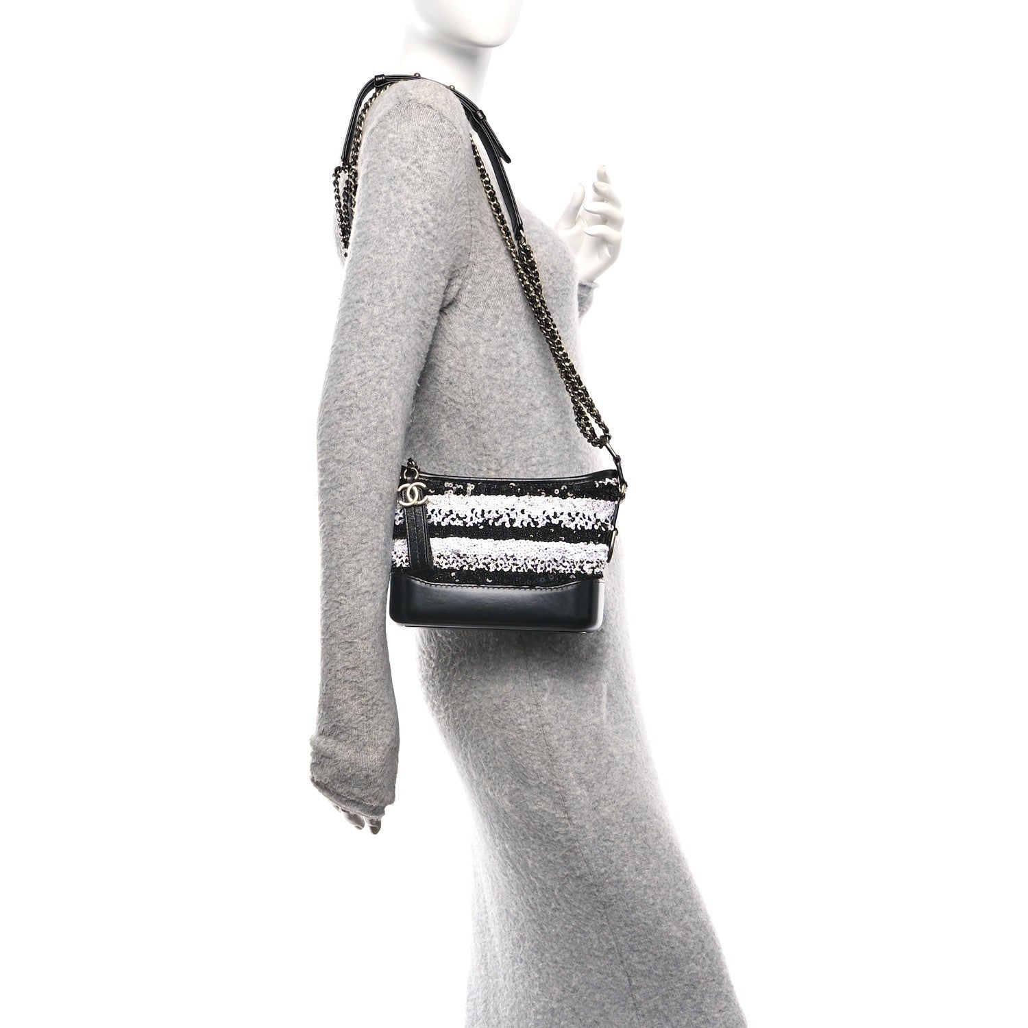 Chanel Sequin Calfskin Small Gabrielle Hobo Black White