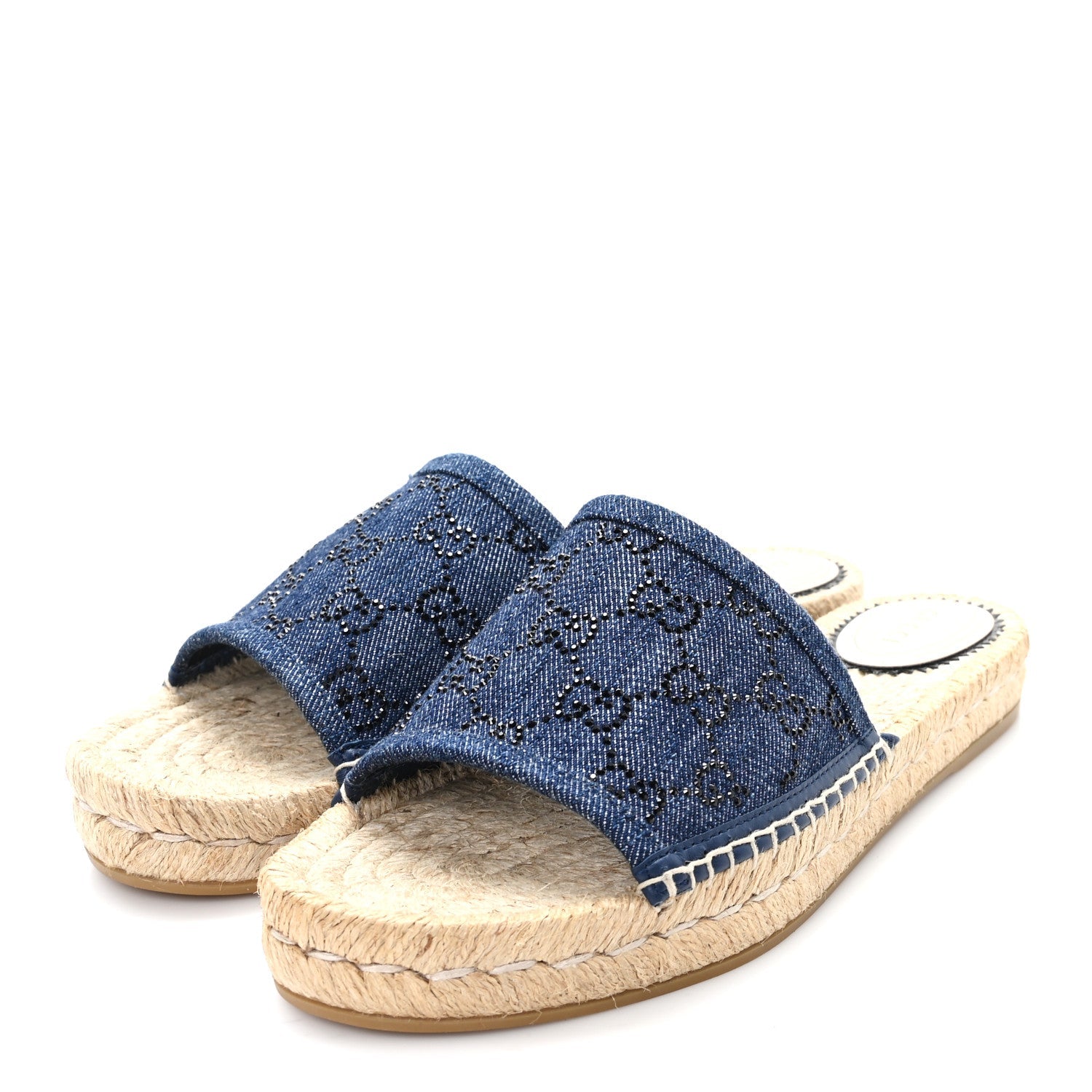 Gucci Denim Crystals GG Monogram Espadrille 20mm Slide Sandals 39 Denim