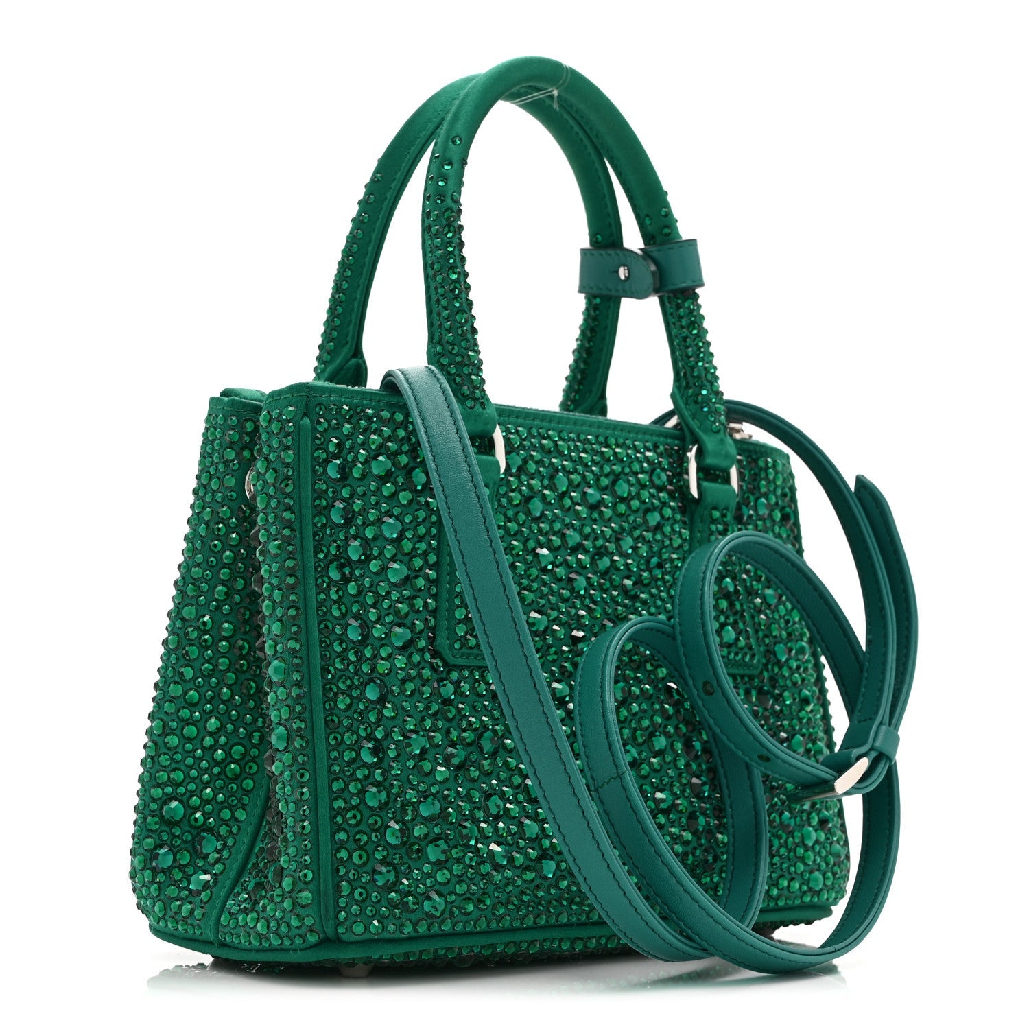 Prada Satin Crystal Mini Galleria Double Zip Tote Mango