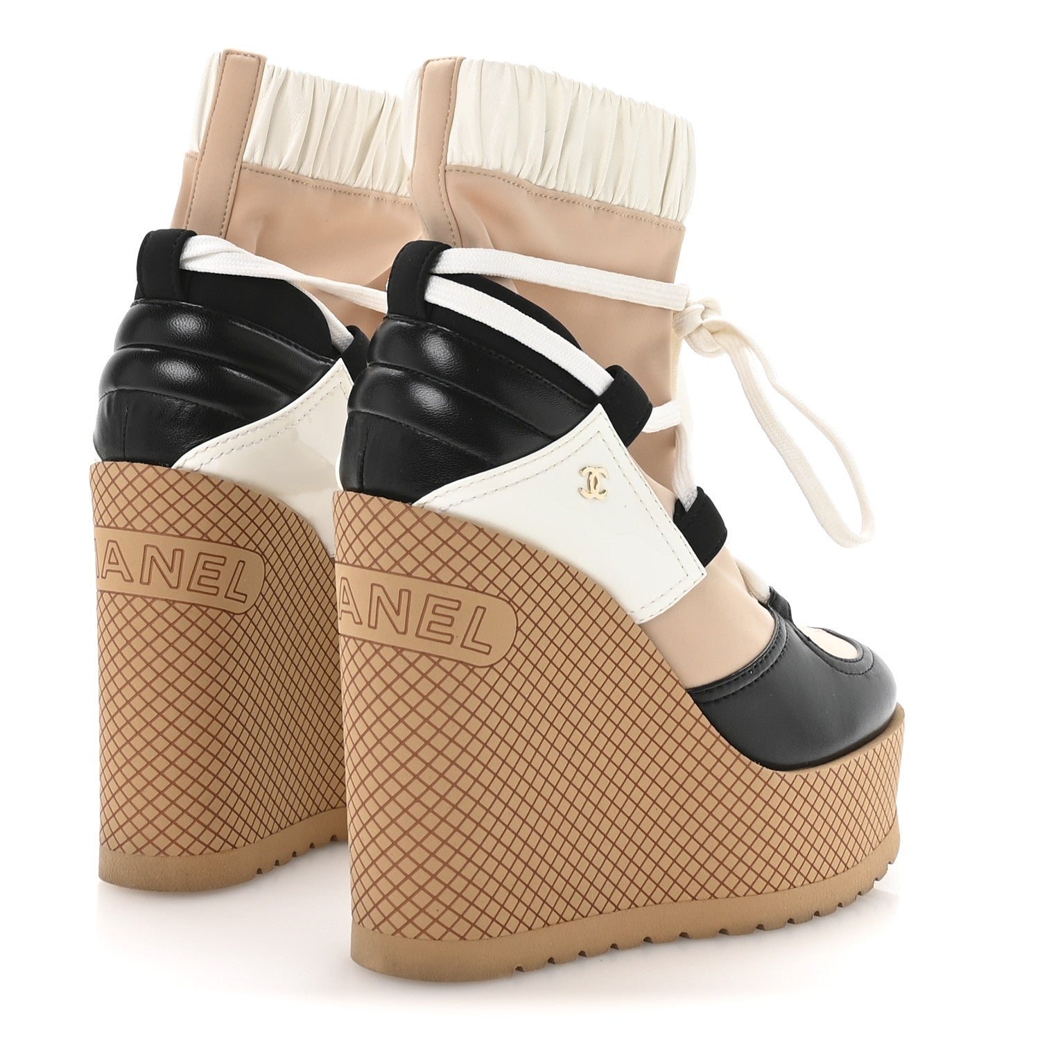 Fabric Lambskin Calfskin Runway Wedge Short Platform Boots 37 Black White Beige