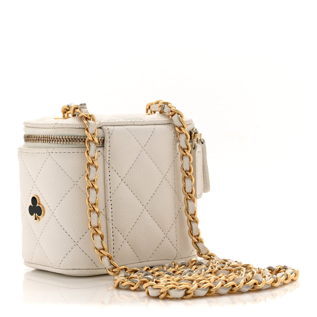Chanel Caviar Quilted Enamel Coco Casino Mini Vanity Case With Chain White