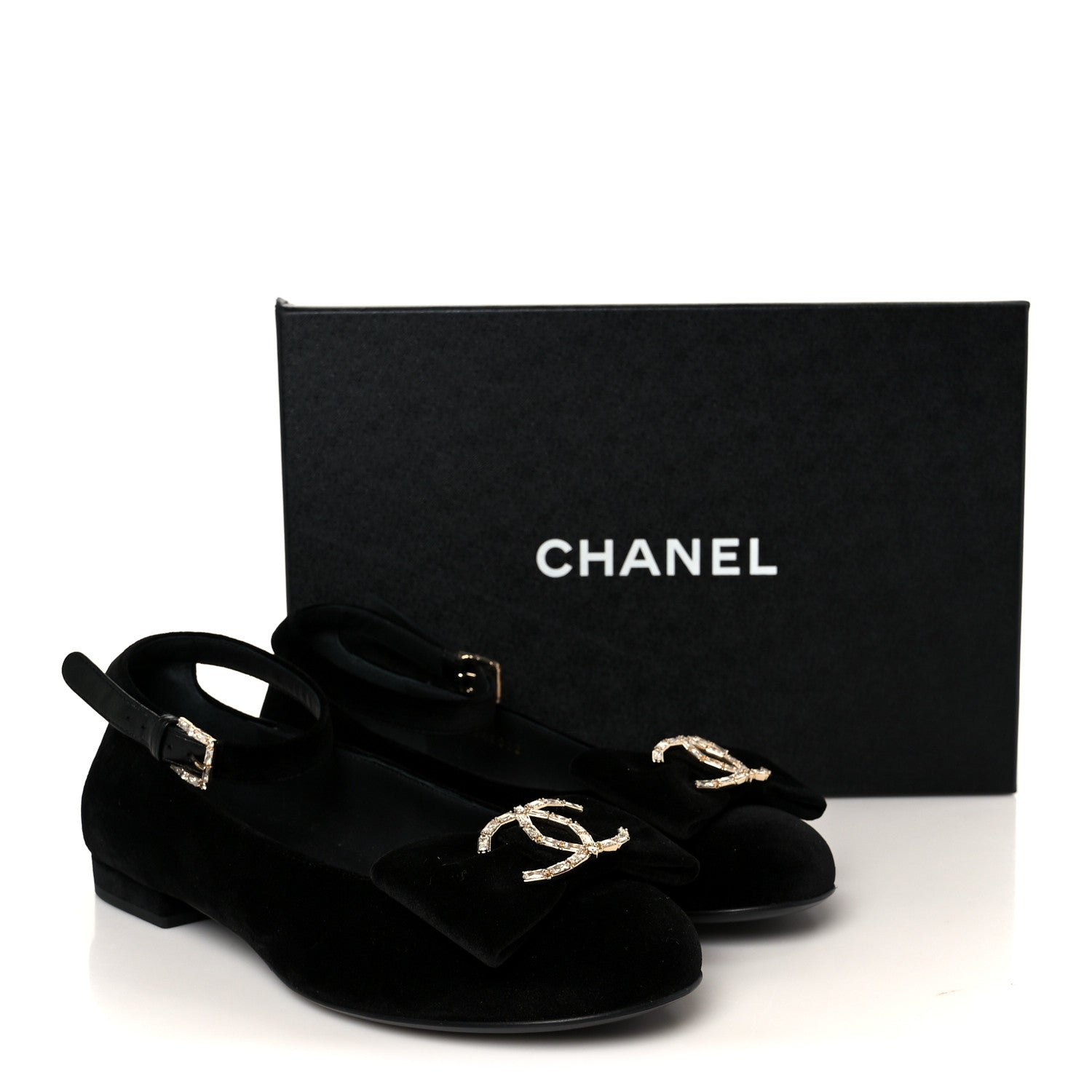 Chanel Velvet Strass CC Bow Mary Jane Flats 38.5 Black