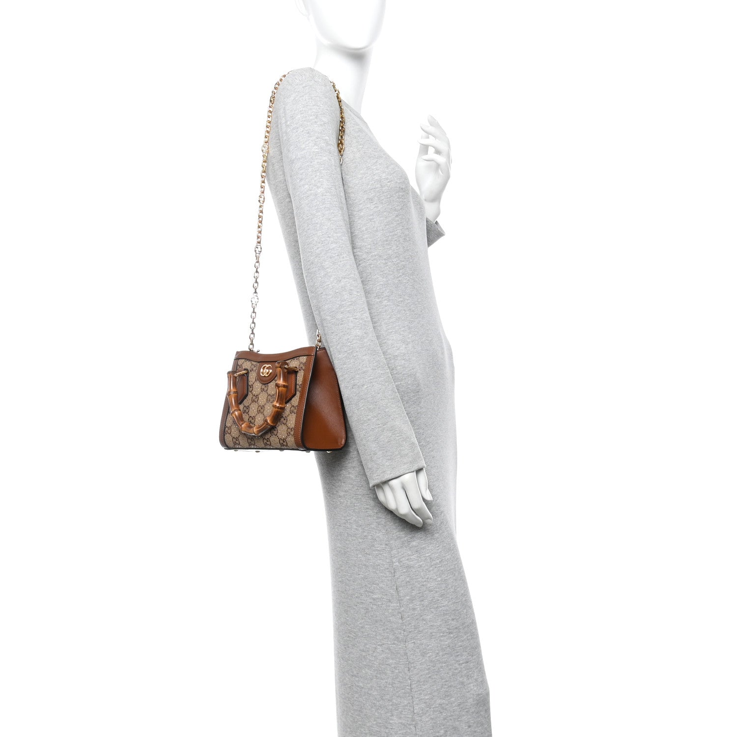 Gucci New Canvas Charisma Calfskin Crystal GG Monogram Mini Diana Tote Bag Camel Ebony