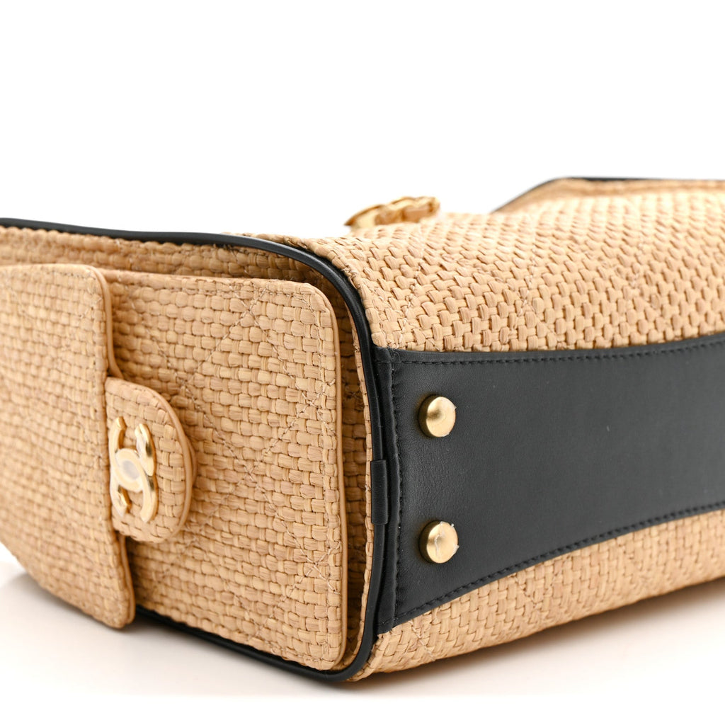 Chanel Braided Raffia Calfskin Quilted Mini Chanel 25 Handbag Beige Black