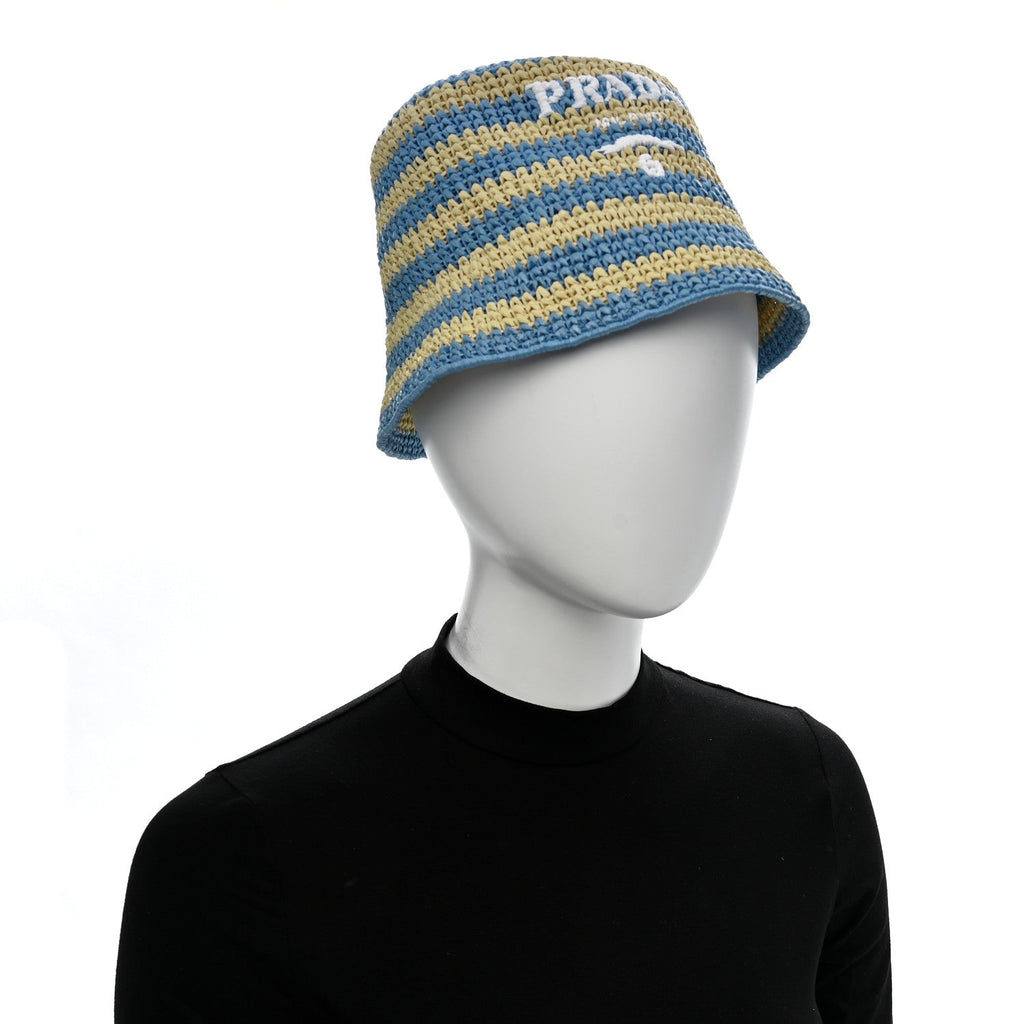 Prada Raffia Striped Logo Embroidered Womens Bucket Hat M Naturale Cielo