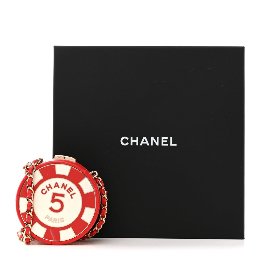 Chanel Lambskin Enamel Quilted Round Poker Chip Clutch With Chain Red White