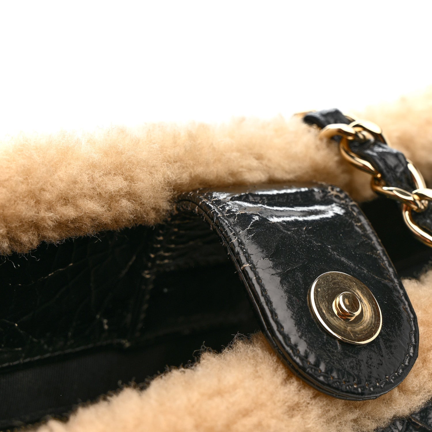 Chanel Shiny Crumpled Sheepskin Shearling CC Mania Tote Bag Black Beige