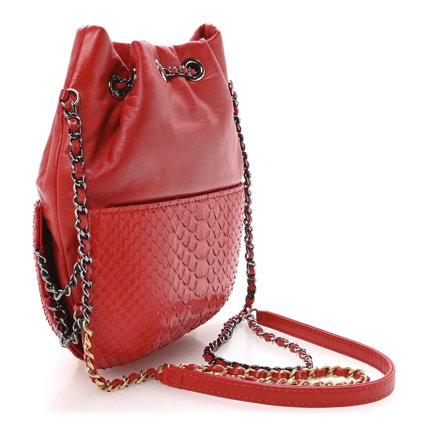 Chanel Snakeskin Calfskin Gabrielle Bucket Red