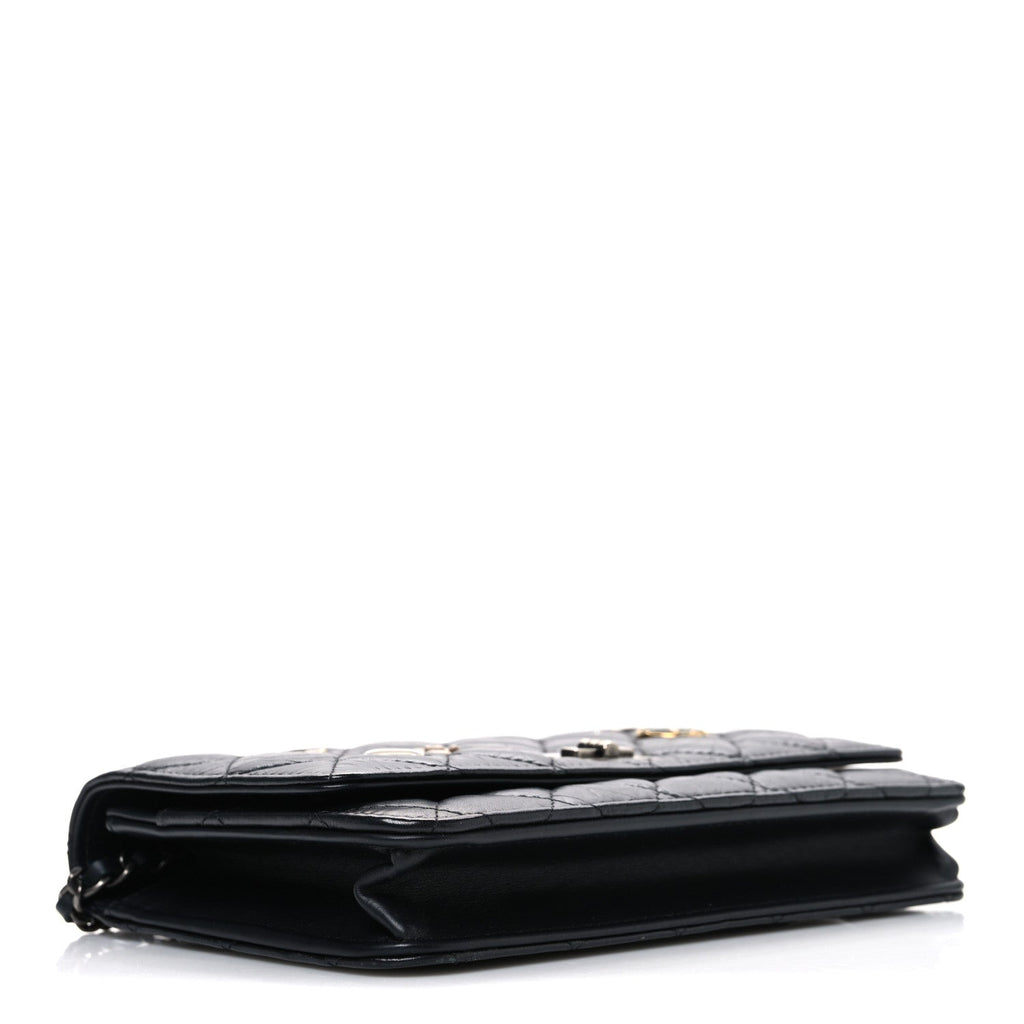 Chanel Aged Calfskin Quilted Lucky Charms 2.55 Reissue Wallet On Chain WOC Black