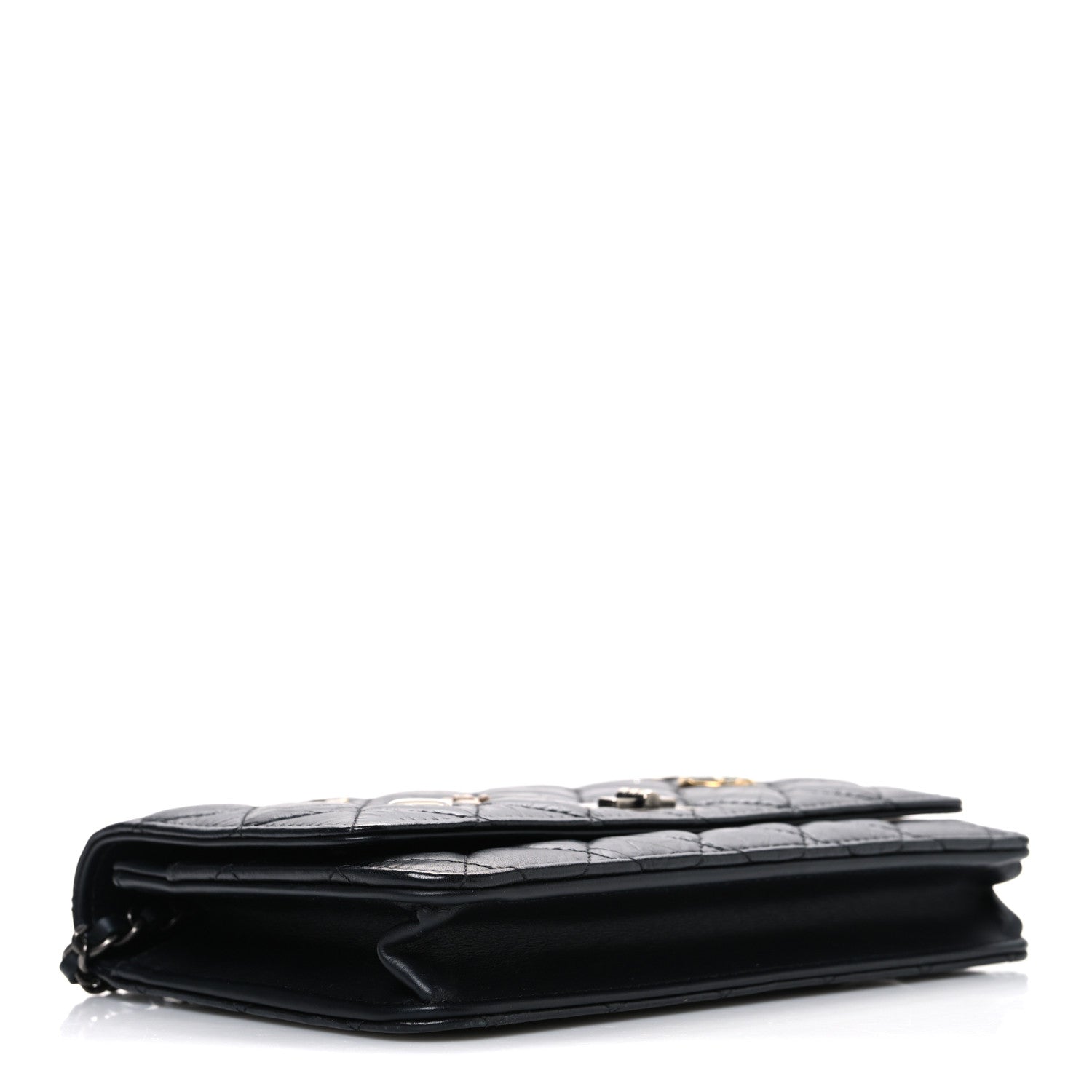 Chanel Aged Calfskin Quilted Lucky Charms 2.55 Reissue Wallet On Chain WOC Black