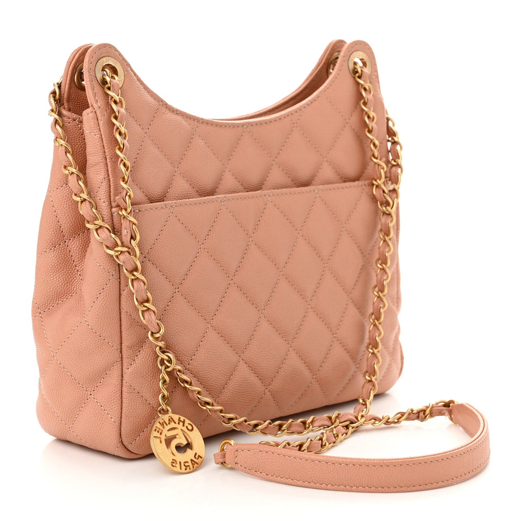 Chanel Caviar Quilted Wavy CC Hobo Beige