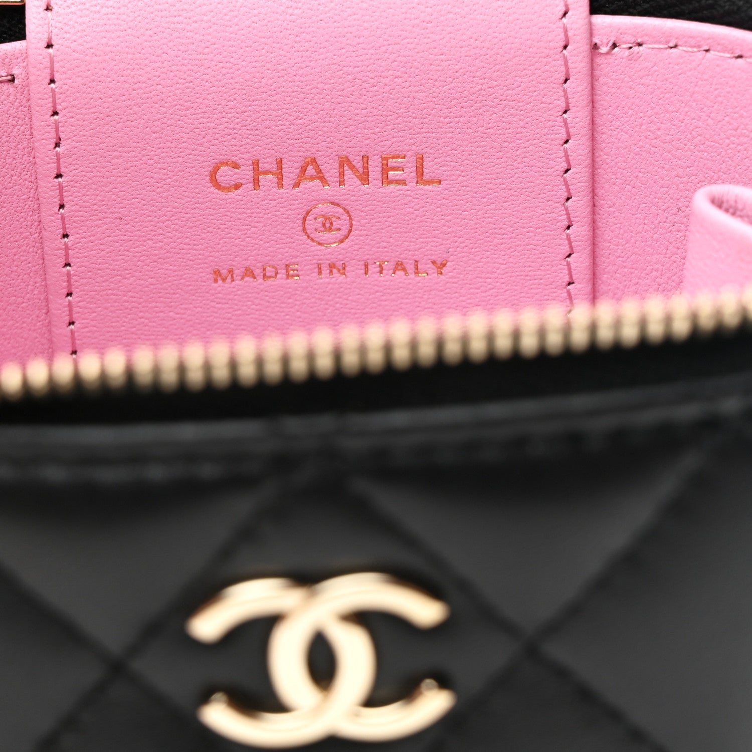 Chanel Lambskin Quilted Top Handle Mini Vanity Case With Chain Black Pink