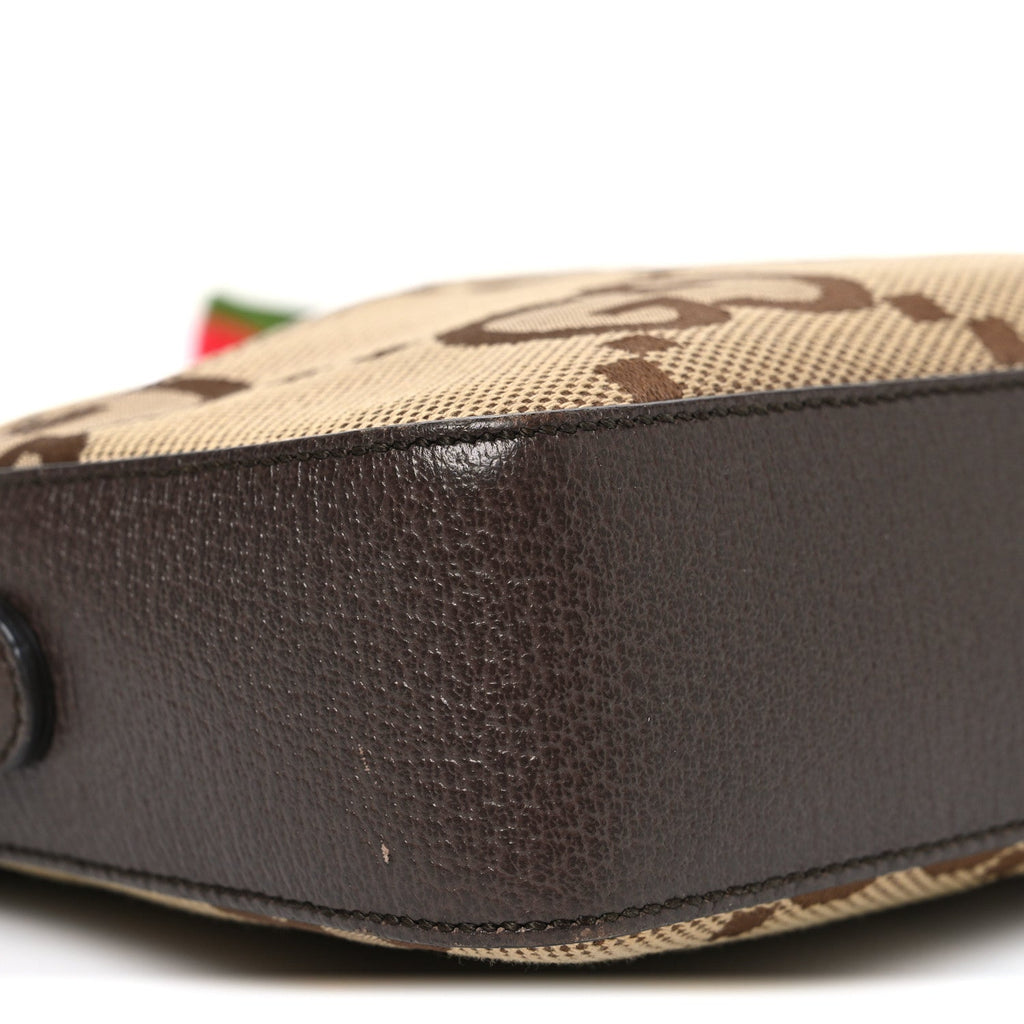 Gucci Monogram Jumbo GG Textured Dollar Calfskin Web Messenger Shoulder Bag Camel Ebony New Acero