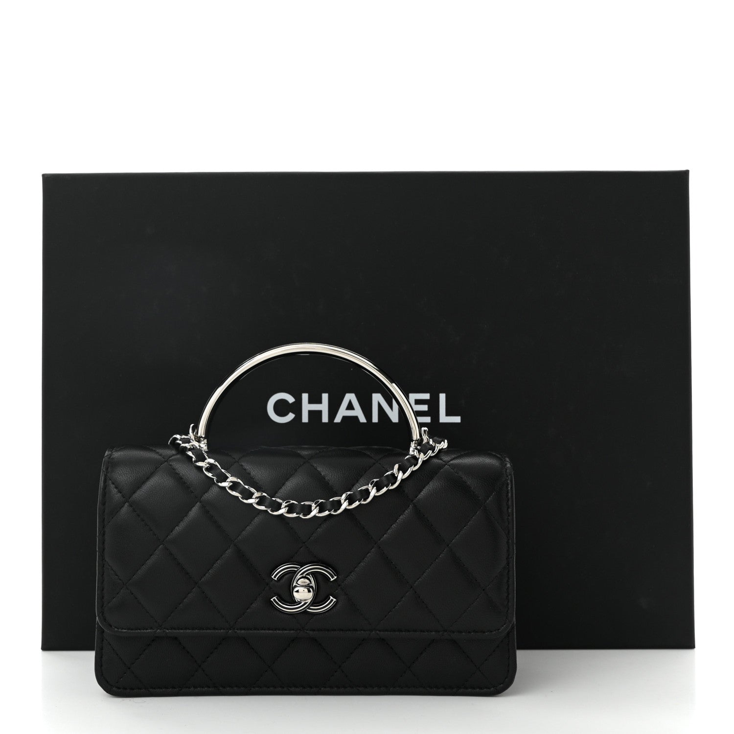 Chanel Lambskin Quilted Metal Top Handle Crossbody Flap Black