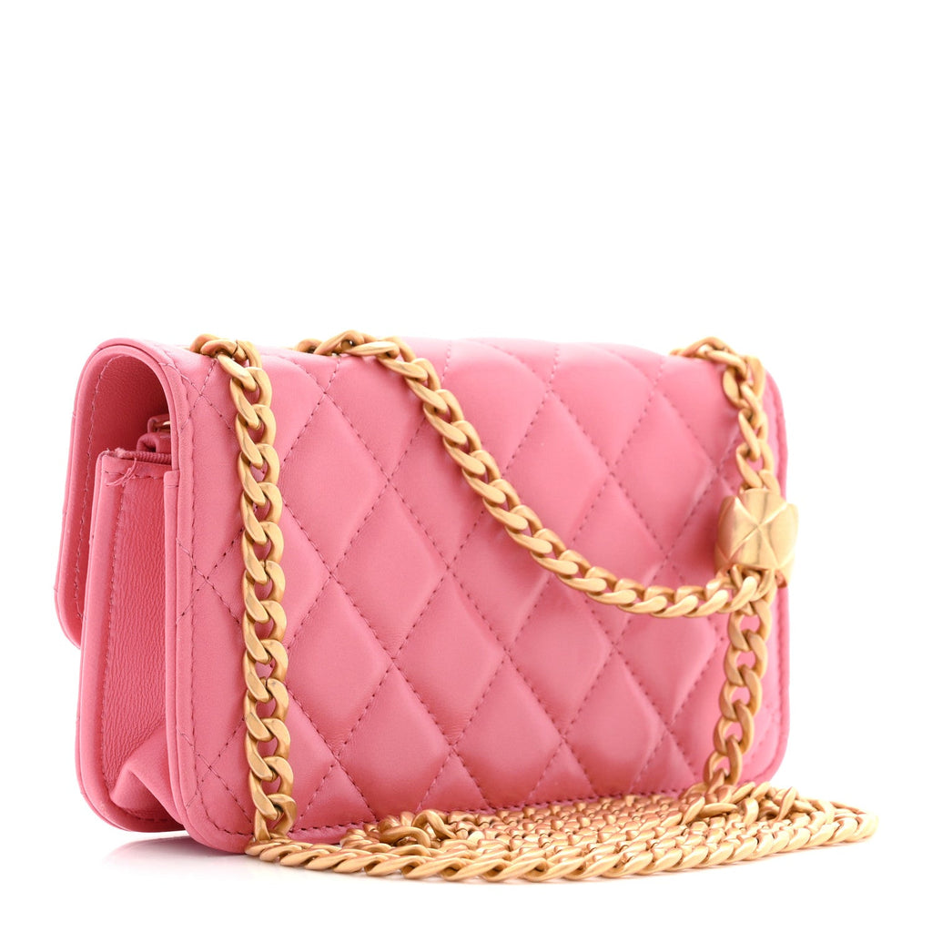 Chanel Lambskin Quilted Pillow Crush Flap Phone Holder With Chain Pink