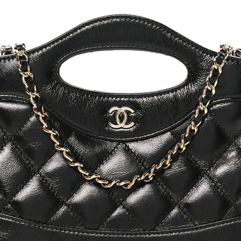 Chanel Shiny Crumpled Calfskin Quilted Nano 31 Shopping Bag Black