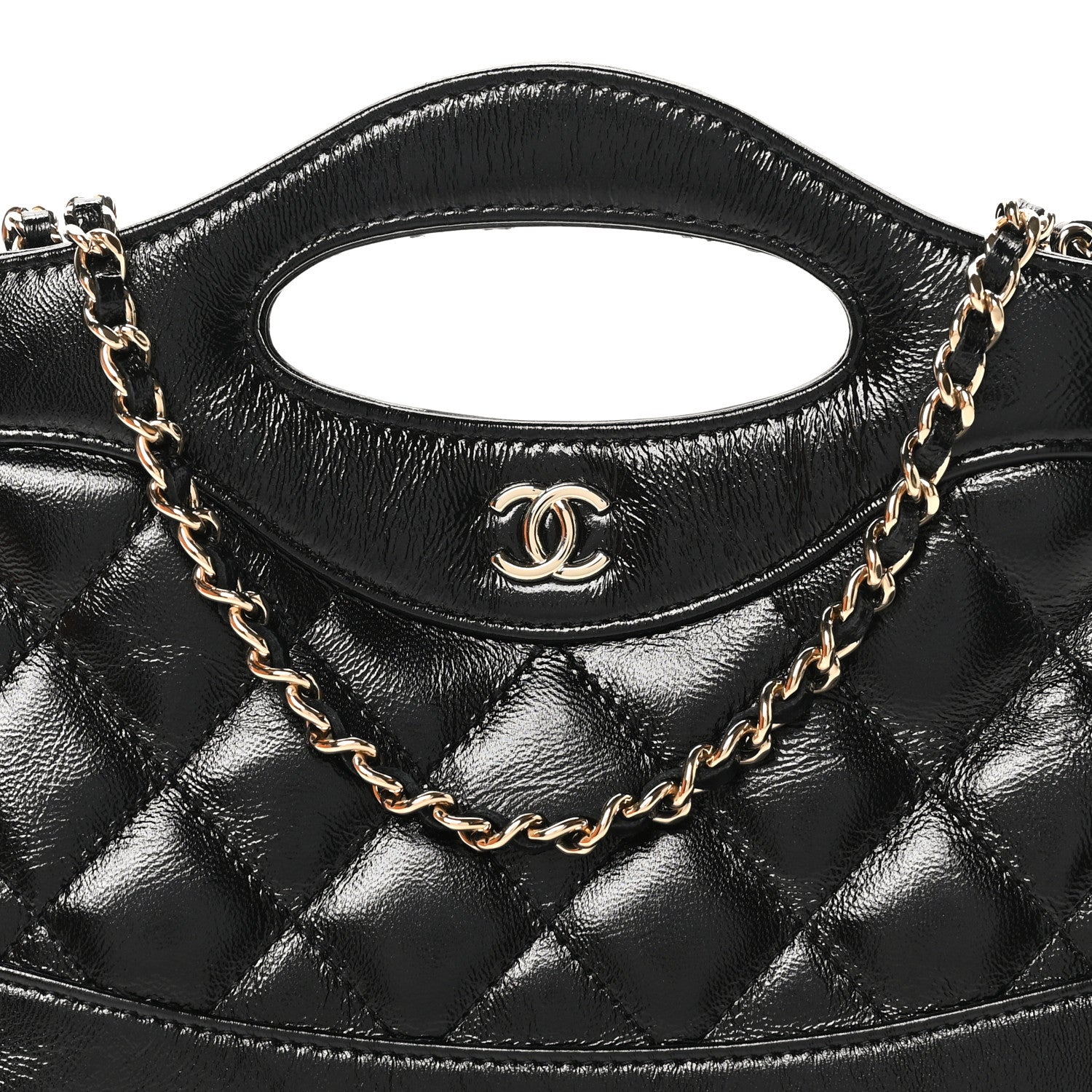 Chanel Shiny Crumpled Calfskin Quilted Nano 31 Shopping Bag Black