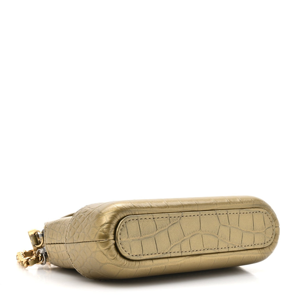 Chanel Metallic Calfskin Crocodile Embossed Small Gabrielle Clutch With Chain Gold