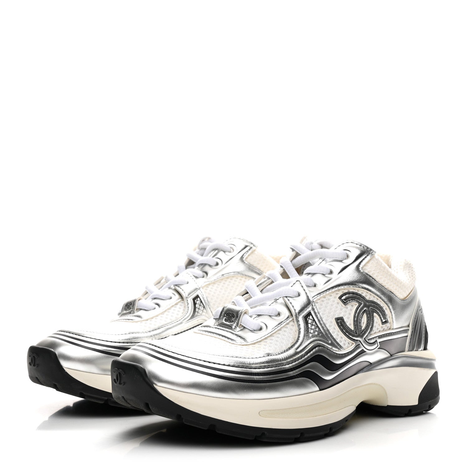 Fabric Laminated Calfskin Stretch CC Sneakers 36 White Silver