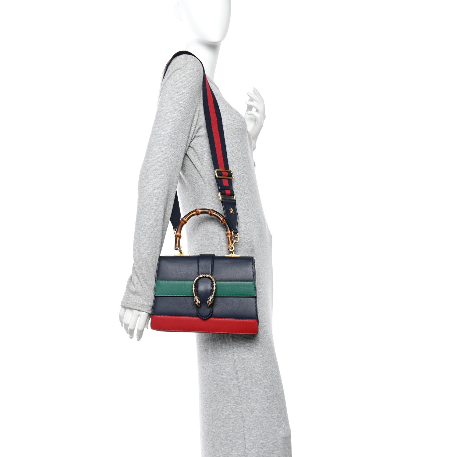 Gucci Moon Calfskin Bamboo Web Medium Dionysus Top Handle Bag Blue Emerald Hibiscus Red