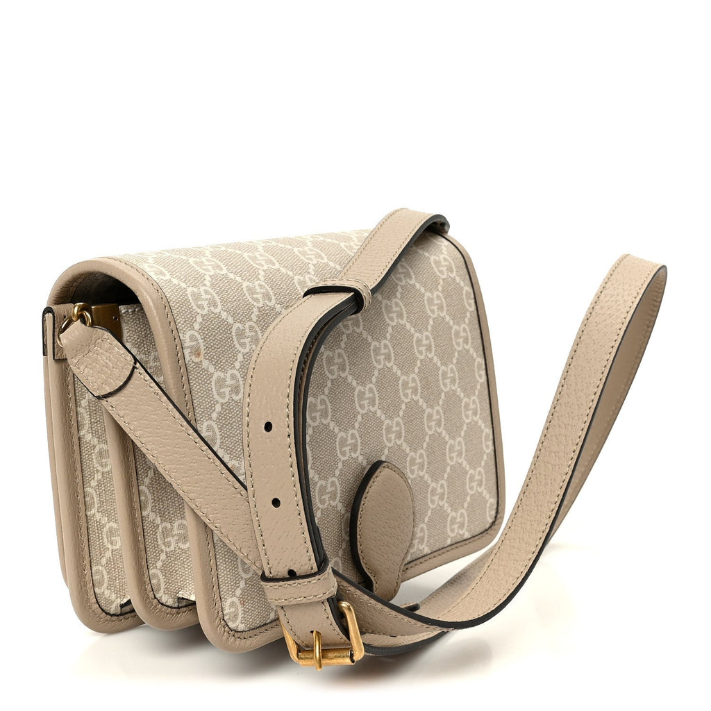 Gucci GG Supreme Monogram Textured Dollar Calfskin Mini Retro Interlocking G Flap Shoulder Bag Beige Mystic White Oatmeal