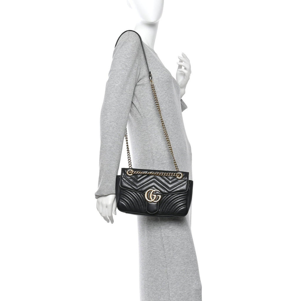 Gucci Calfskin Matelasse Small GG Marmont Shoulder Bag Black