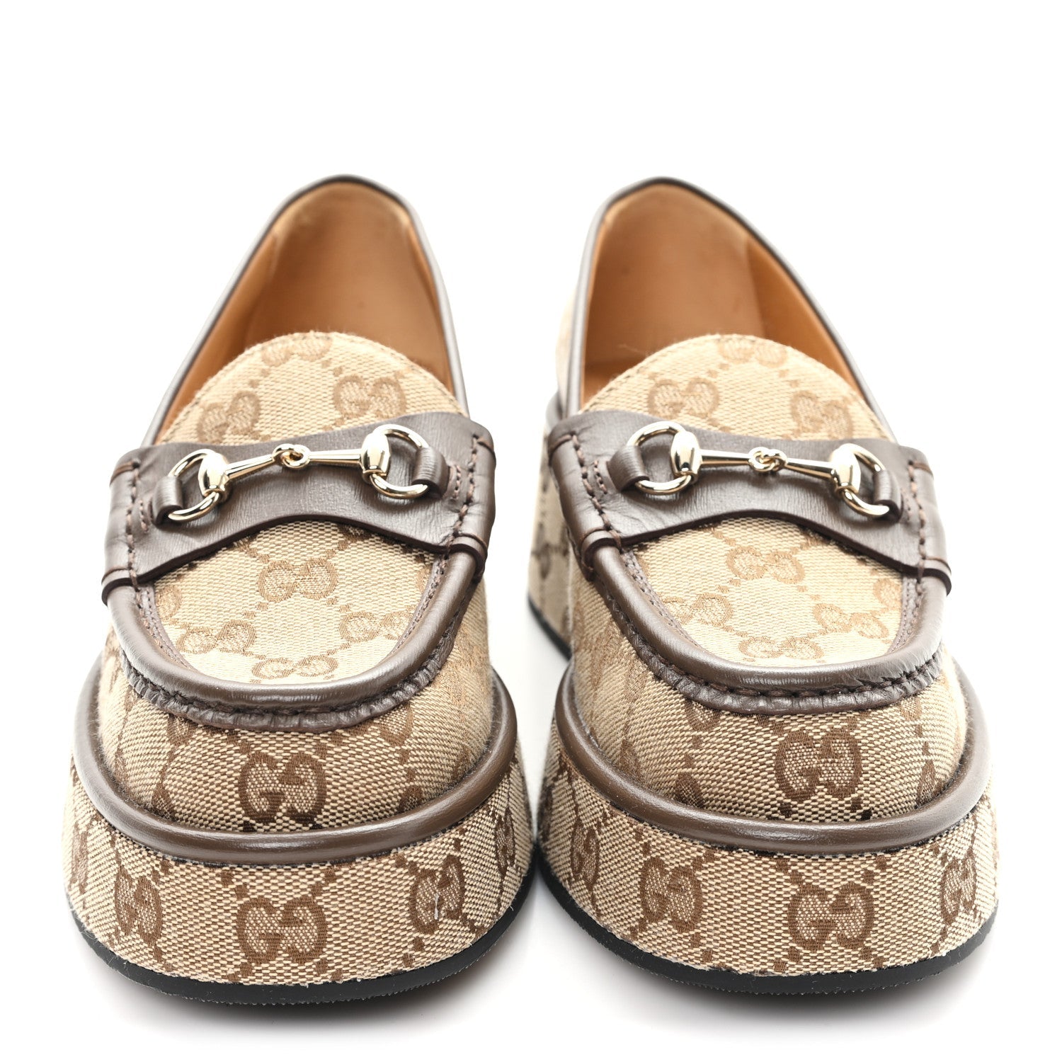 Gucci Monogram Horsebit Calfskin Womens Horsebit Wedge Platform Loafers 35.5 Beige Ebony