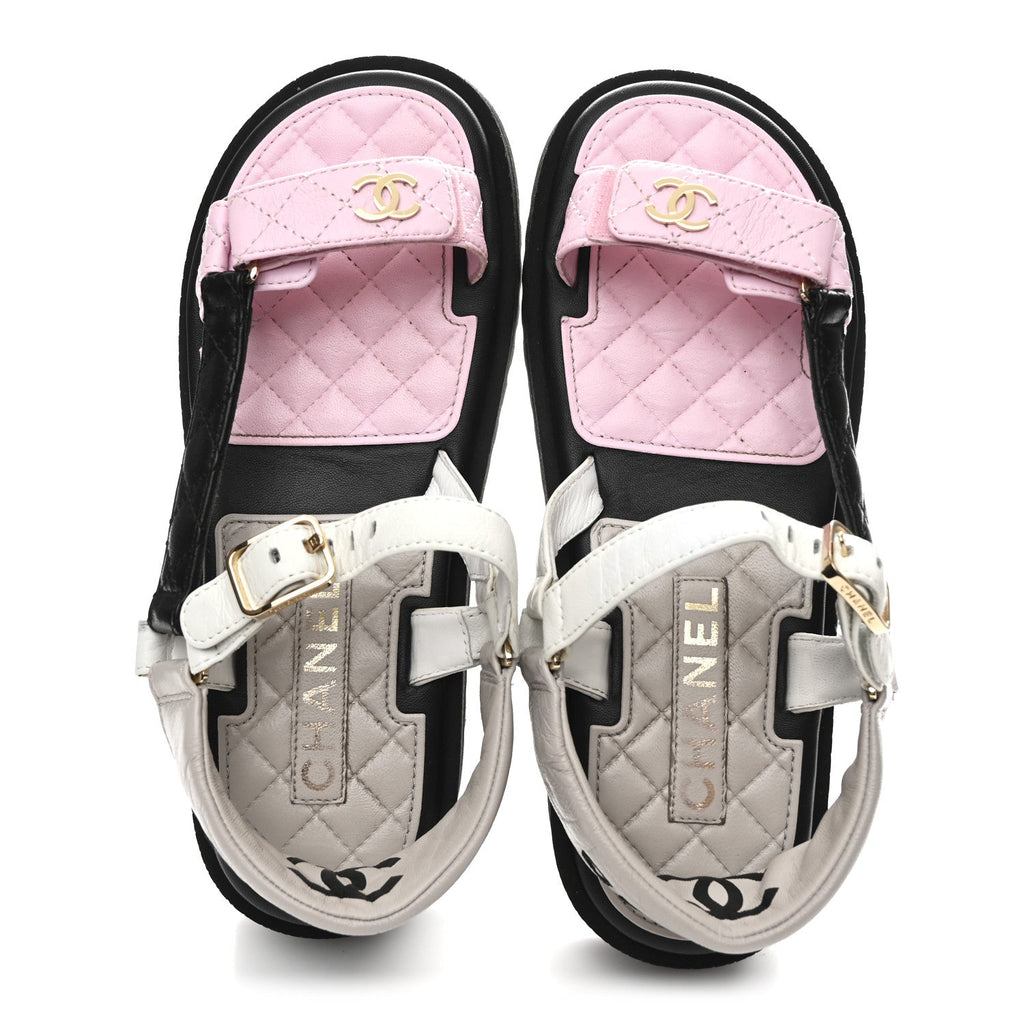 Lambskin Quilted CC Logo Platform Sandals 38 Black White Pink