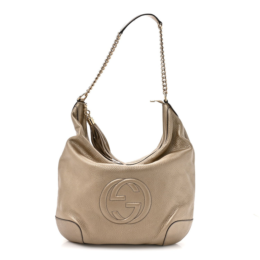 Gucci Metallic Pebbled Calfskin Medium Soho Chain Hobo Golden Beige