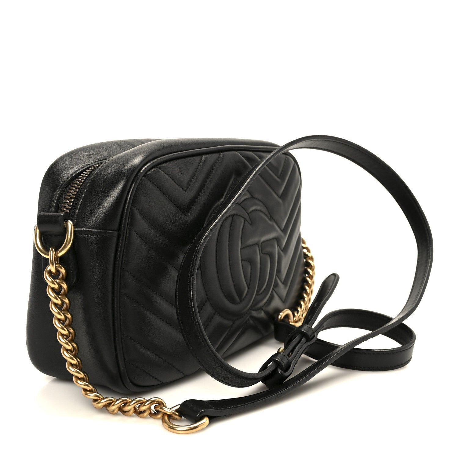 Gucci Calfskin Matelasse Small GG Marmont Chain Shoulder Bag Black