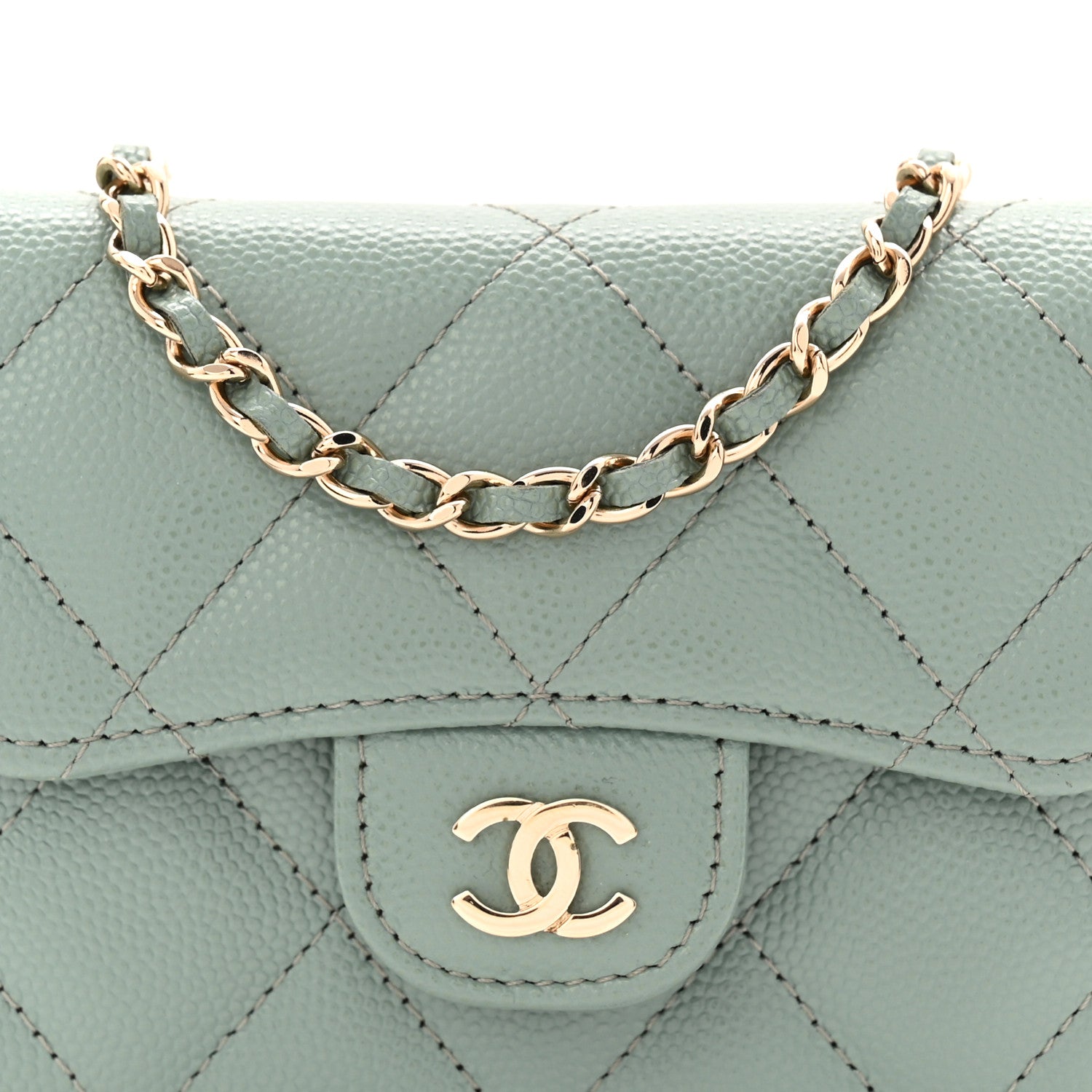 Caviar Quilted Flap Card Holder On Chain Light Green