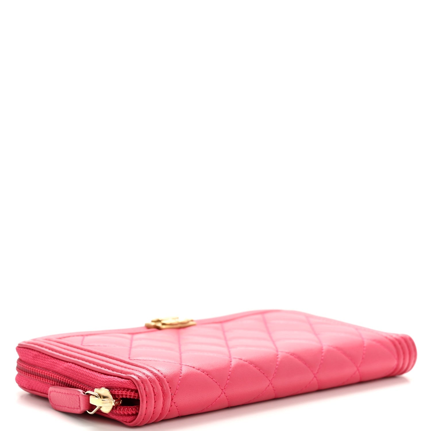 Lambskin Quilted Boy Zip Around Wallet Pink