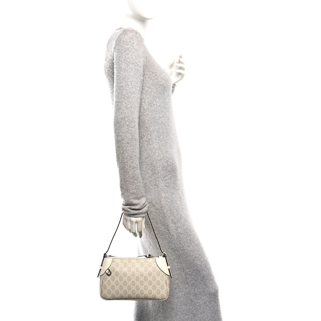Gucci GG Supreme Monogram Textured Calfskin Small Emblem Shoulder Bag Beige Mystic White