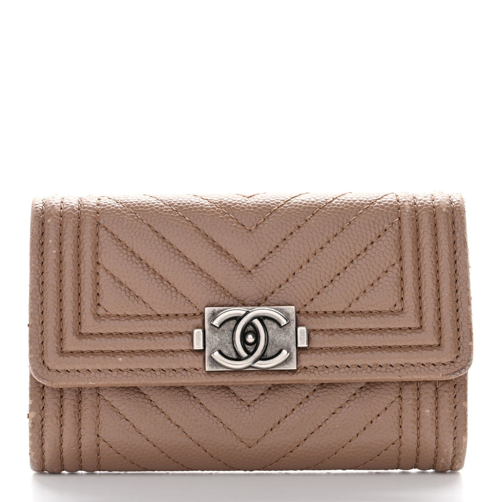 Caviar Chevron Quilted Boy Card Holder Dark Beige