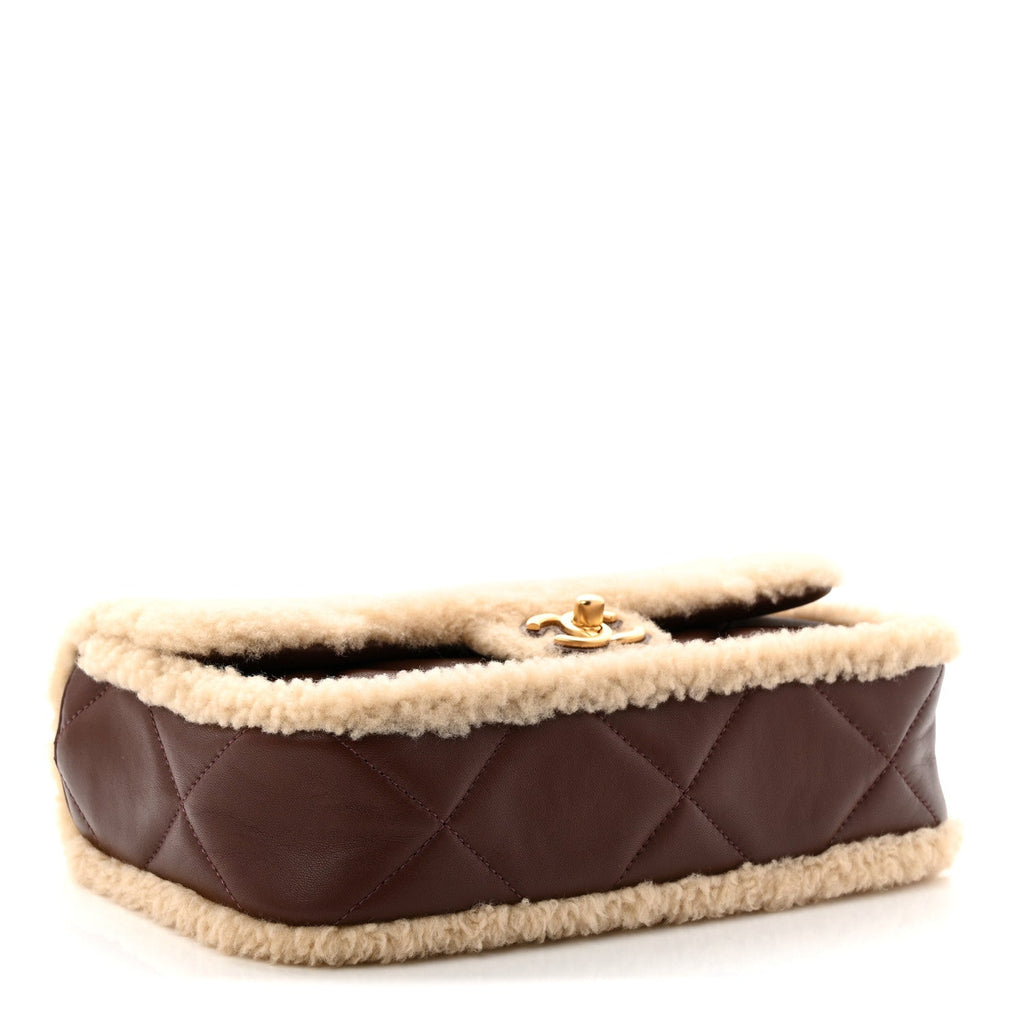 Chanel Shearling Lambskin Quilted Furry Coco Flap Dark Brown Beige