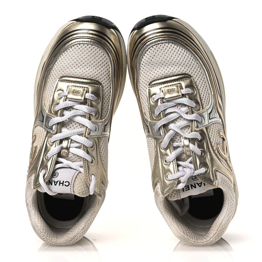 Fabric Laminated Calfskin Stretch CC Sneakers 37 White Gold Silver