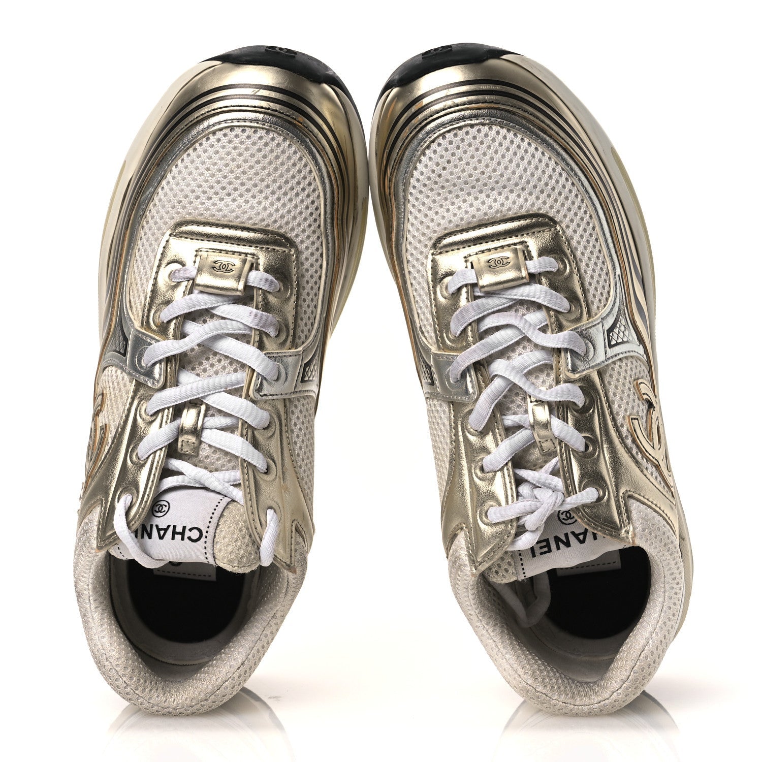 Fabric Laminated Calfskin Stretch CC Sneakers 37 White Gold Silver