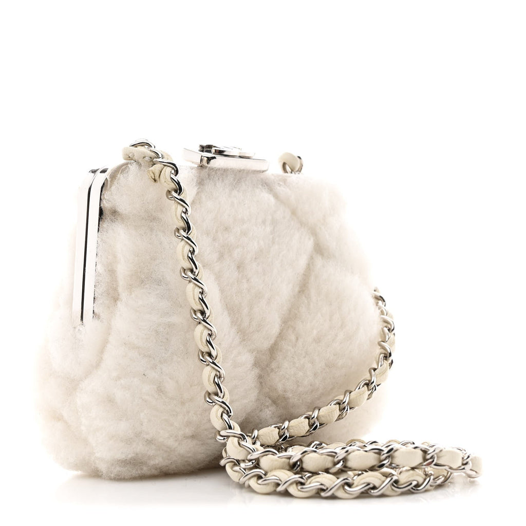 Chanel Shearling Sheepskin Lambskin Quilted Clutch With Chain White