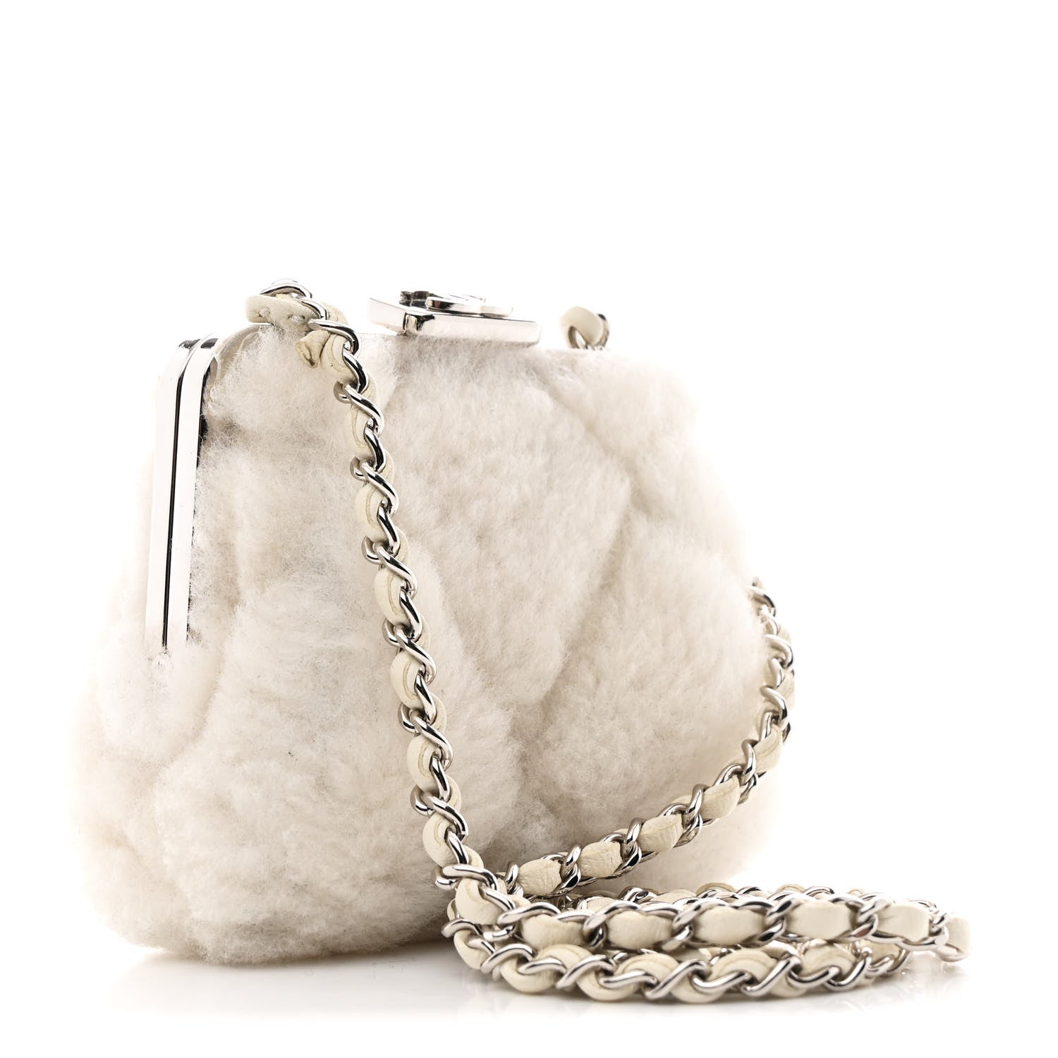 Chanel Shearling Sheepskin Lambskin Quilted Clutch With Chain White