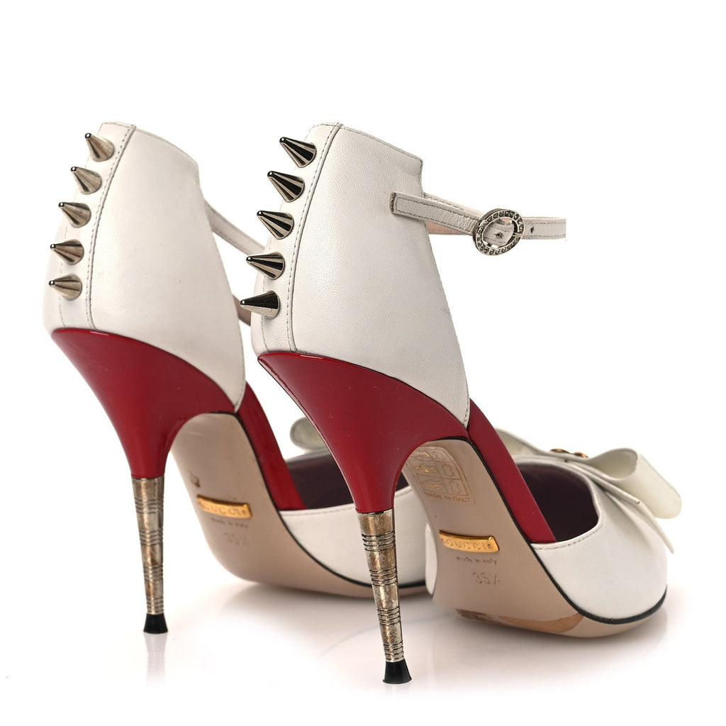 Gucci Calfskin Crystal GG Bow Sadie Spike Ankle Strap d'Orsay High Heel Pumps 35.5 White