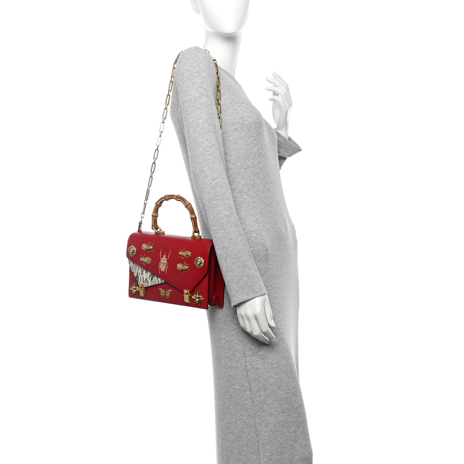 Gucci Calfskin Snakeskin Studded Small Ottilia Top Handle Bag Hibiscus Red