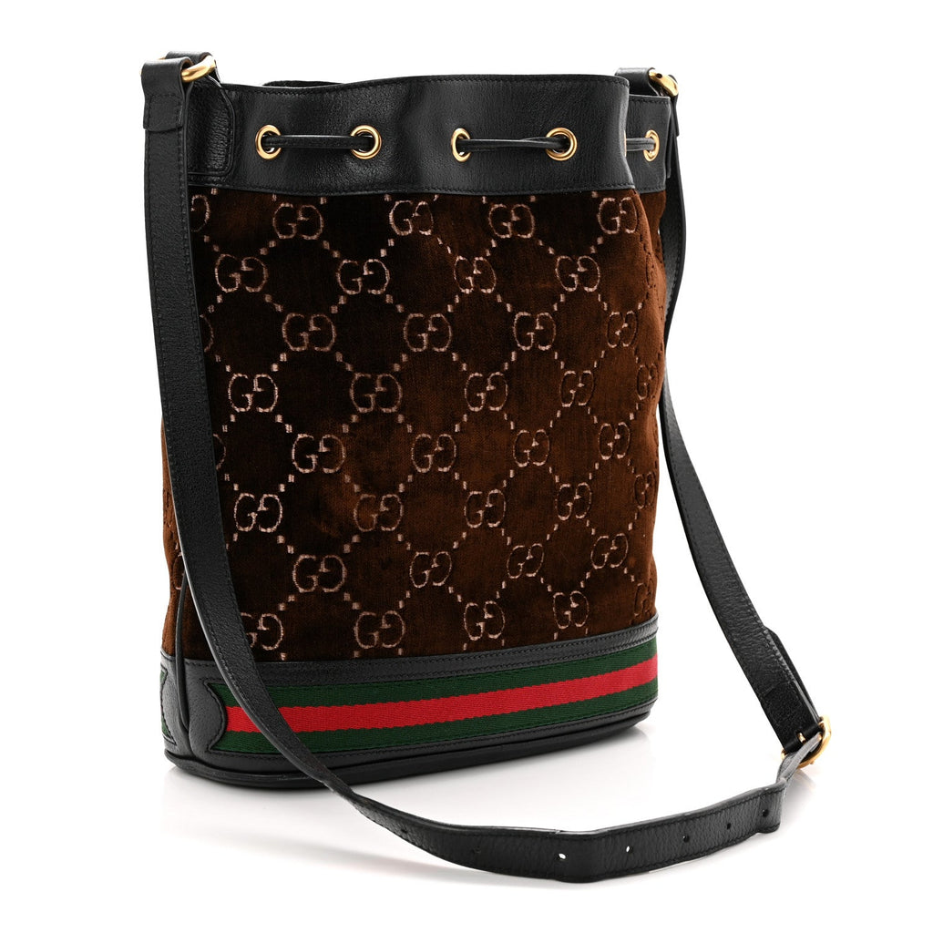 Gucci Velvet GG Monogram Textured Calfskin Web Bucket Bag Brown Black