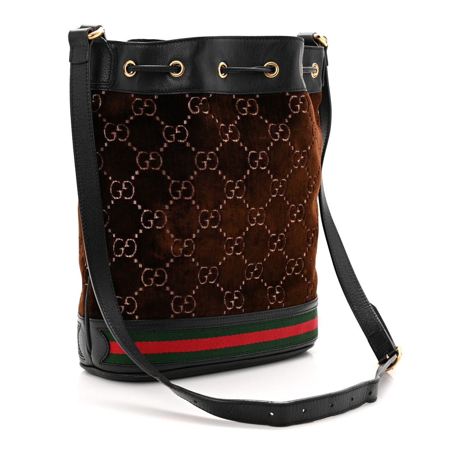 Gucci Velvet GG Monogram Textured Calfskin Web Bucket Bag Brown Black