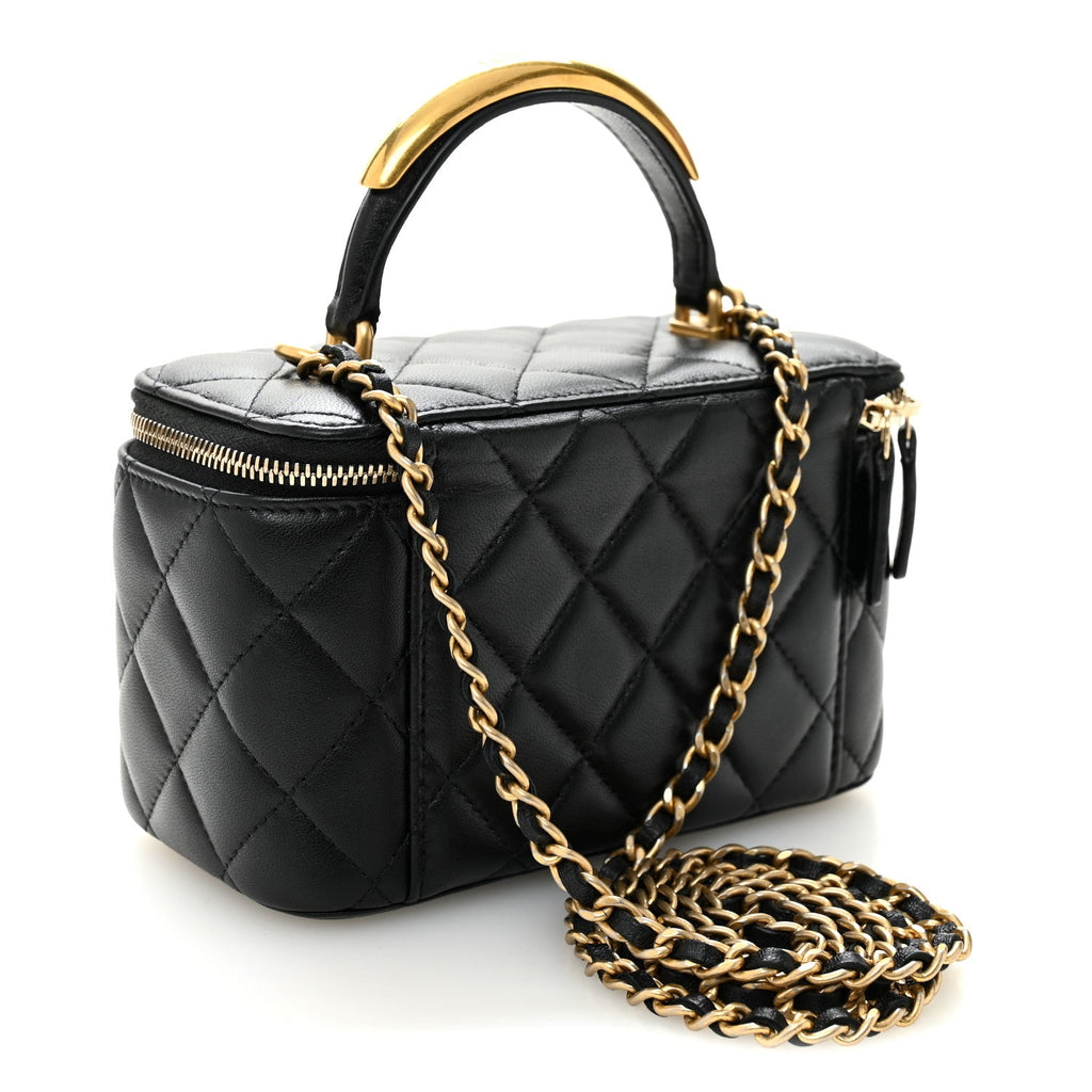 Chanel Lambskin Quilted Metal Small Top Handle Vanity Case With Chain Black