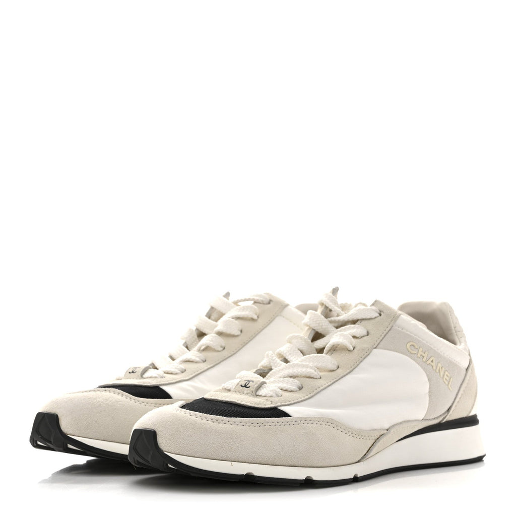 Nylon Suede Kidskin Calfskin Logo Sneakers 37.5 White Black
