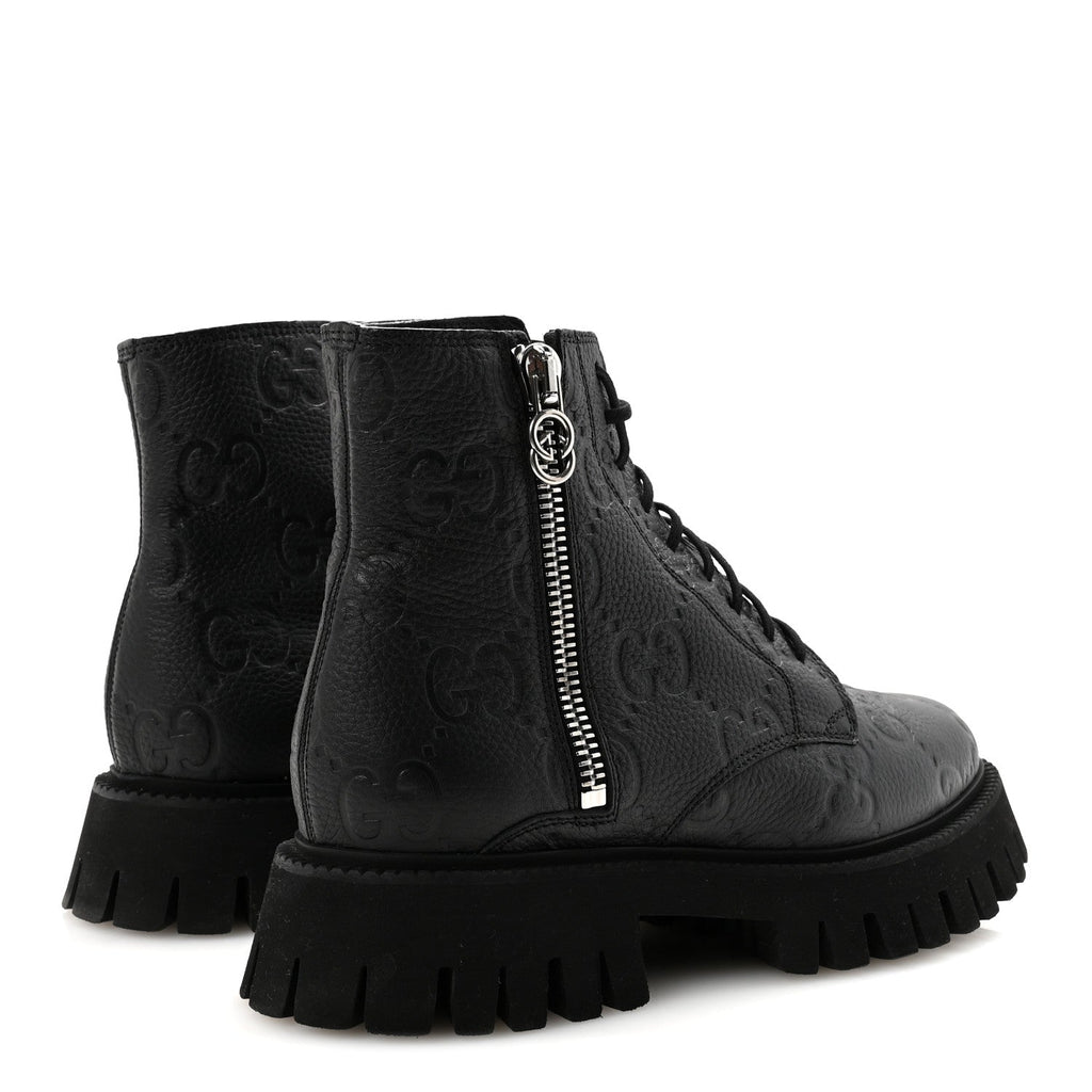 Gucci Calfskin Embossed Monogram Mens Lace Up Ankle Boots 7 Black