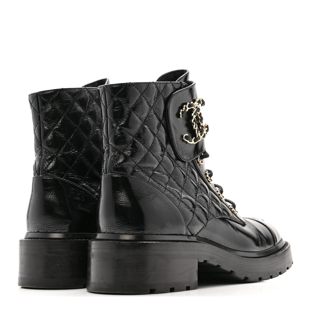 Chanel Shiny Calfskin Quilted Lace Up Combat Boots 39 Black