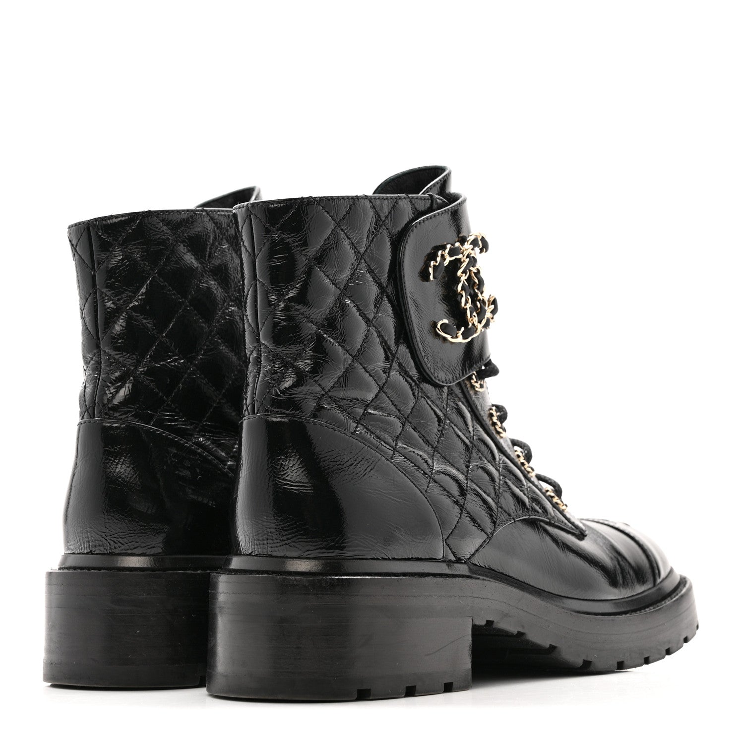 Chanel Shiny Calfskin Quilted Lace Up Combat Boots 39 Black